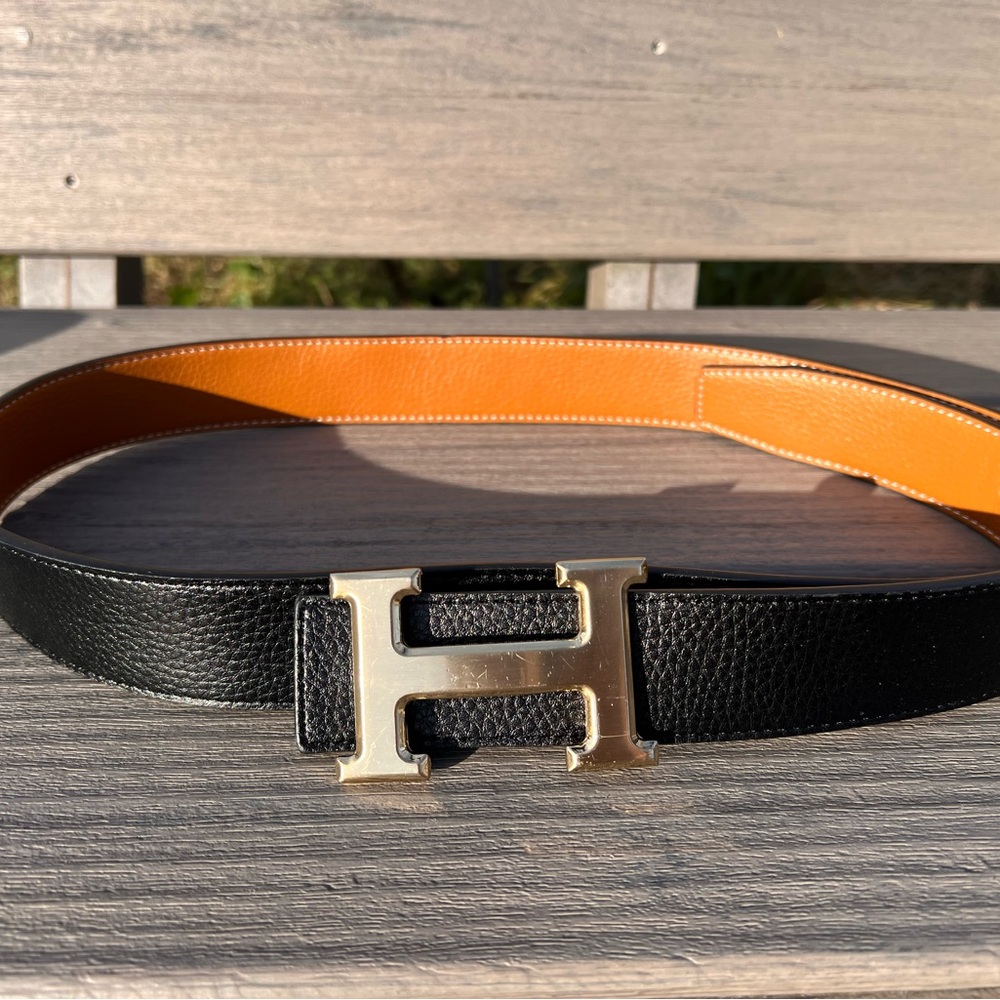 Hermes Black and Gold H Buckle Belt